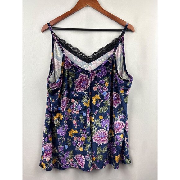 Women’s Torrid Size 1XL Blue & Multicolored Floral Printed Velvet Tank with Lace - Picture 4 of 5
